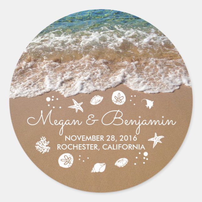 Sticker Rond Blue Beach Waves et Sand Romantique Mariage d'été (Devant)