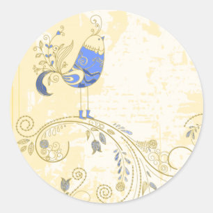 Sticker Rond Blue Bird Retro Floral Art