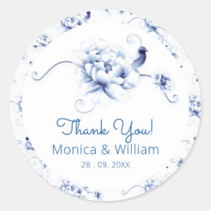 Sticker Rond Blue Bird Rose Chinoiserie Floral