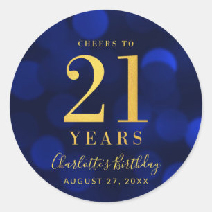 Sticker Rond Blue Bokeh Gold salue à 21 ans anniversaire