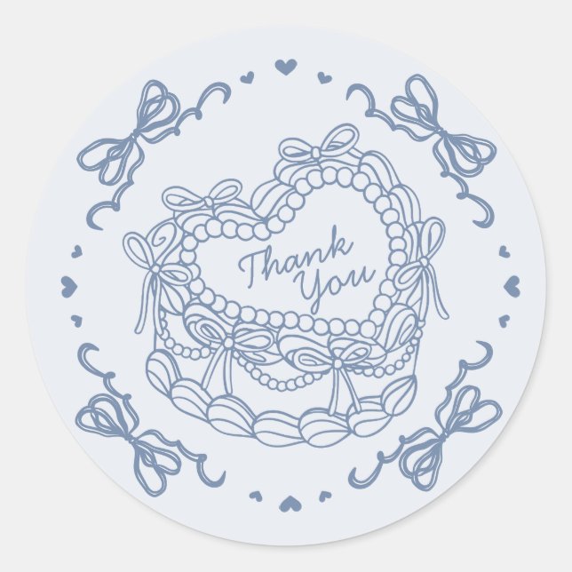 Sticker Rond Blue Bow Coquette Coeur rétro Merci de gâteau (Devant)