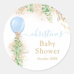 Sticker Rond Blue Boy Balloon Aquarelle Baby shower Floral