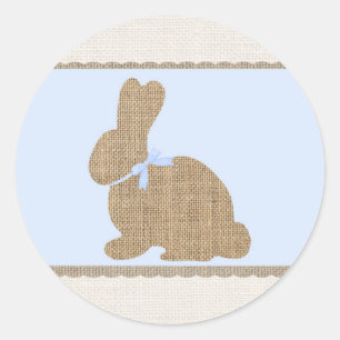 Sticker Rond Blue & Burlap Rustic Bunny Baby Shower de Pâques