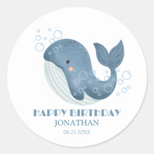 Sticker Rond Blue Circle Bubble mignonne baleine Joyeux anniver
