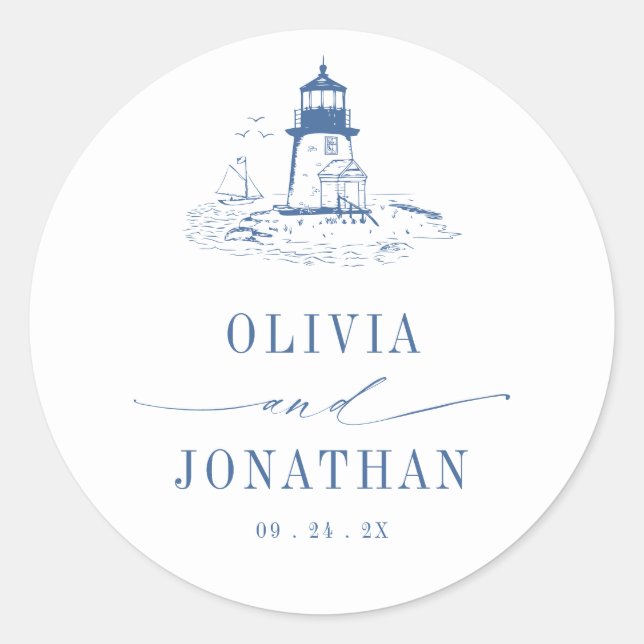 Sticker Rond Blue Coastal Toile Lighthouse Wedding (Devant)
