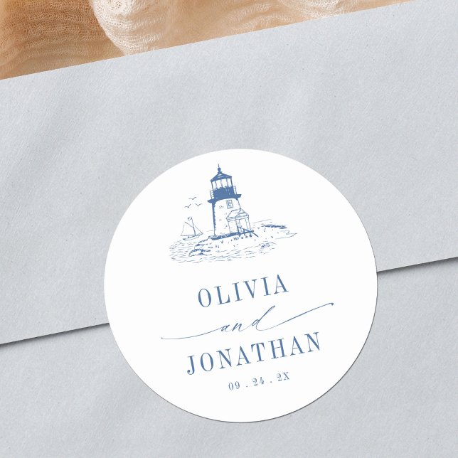Sticker Rond Blue Coastal Toile Lighthouse Wedding (Créateur téléchargé)