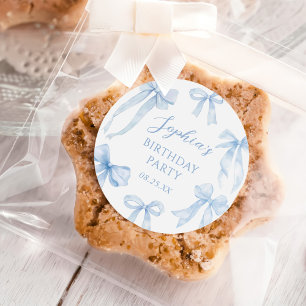 Sticker Rond Blue Coquette Bow Girl Birthday Party