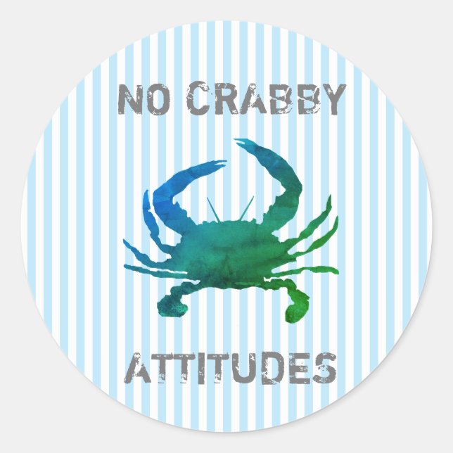 Sticker Rond Blue Crab Nautical No Crabby Attitudes (Devant)