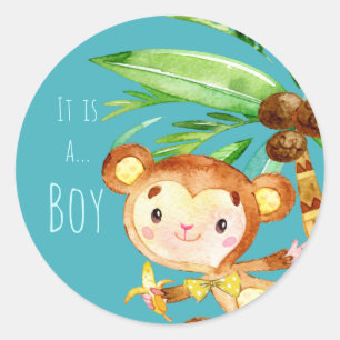 Sticker Rond Blue Cute Monkey Baby Boy Faire-part