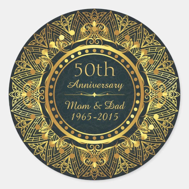Sticker Rond Blue Damask et Gold 50e anniversaire de Mariage (Devant)