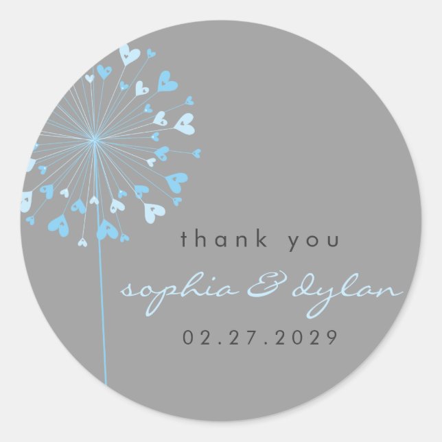 Sticker Rond Blue Dandelion Flower Love Hearts Mariage d'été (Devant)