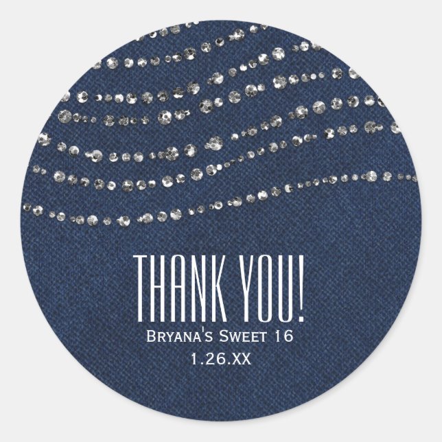 Sticker Rond Blue Denim & Diamonds Sparkle Bling Party Favorise (Devant)