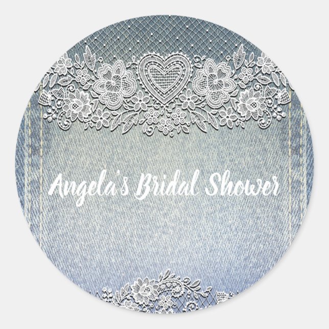 Sticker Rond Blue Denim Jean & White Heart Lace Fête des mariée (Devant)