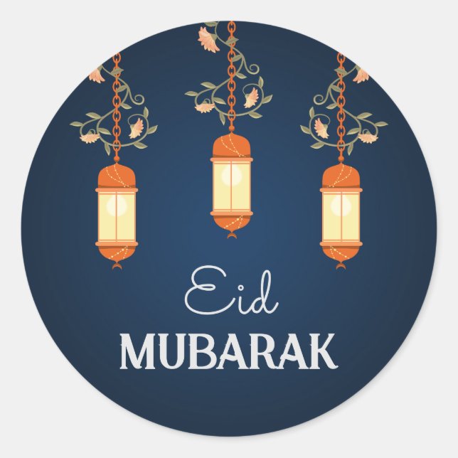 Sticker Rond Blue Eid Moubarak Floral Lanterne islamique (Devant)