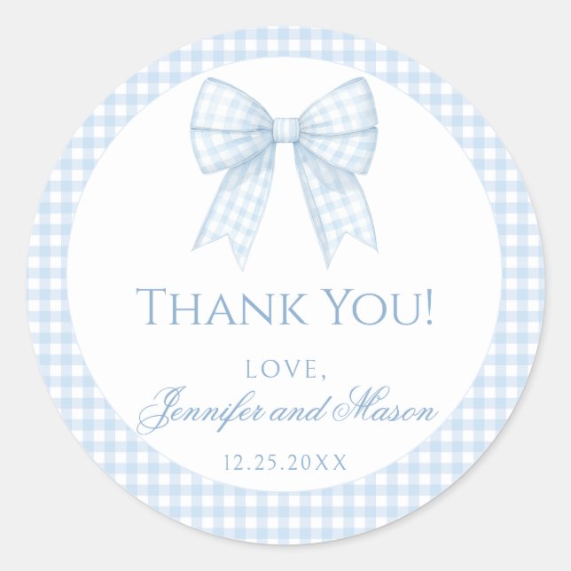 Sticker Rond Blue en vichy bow bébé garçon douche merci (Devant)