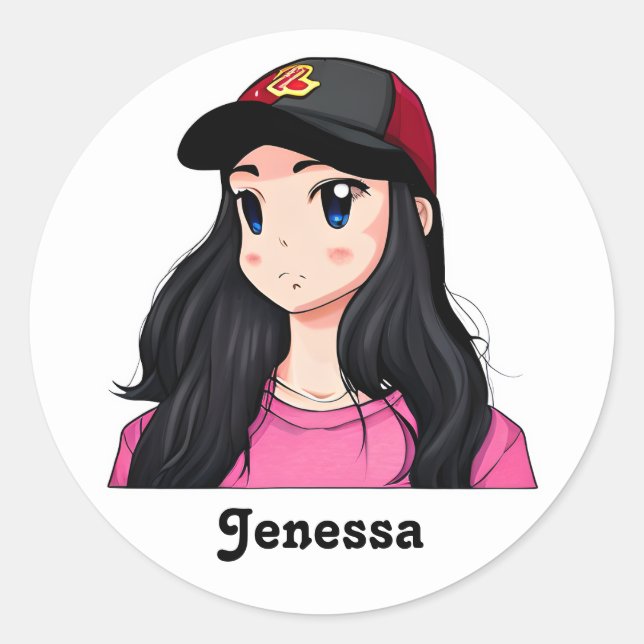 Sticker Rond Blue Eyed Black Hair Anime Girl Personnalisé (Devant)