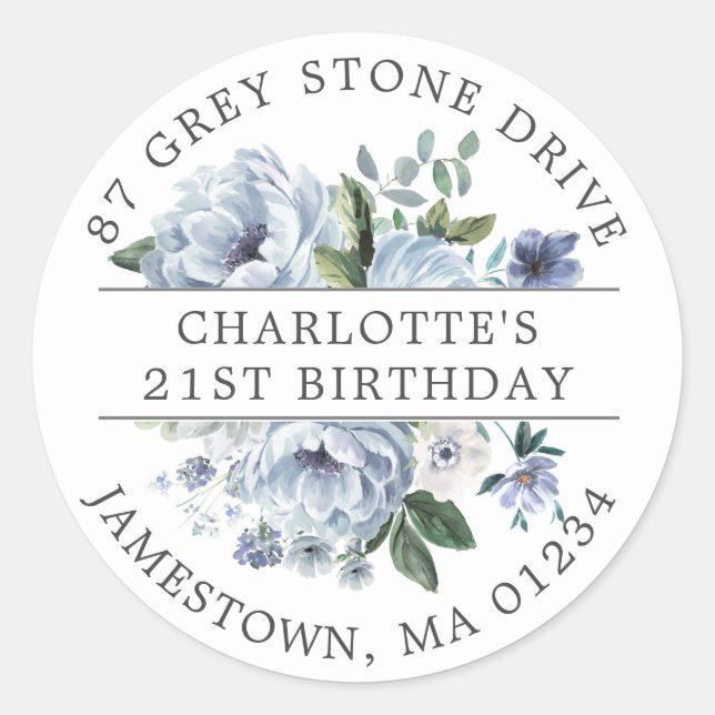 Sticker Rond Blue Floral 21e Anniversaire Adresse de retour Lab (Devant)