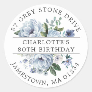 Sticker Rond Blue Floral 80th Birthday Adresse de retour Label
