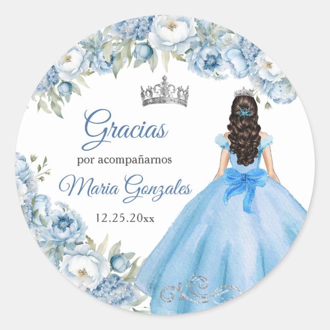 Sticker Rond Blue Floral Argent Couronne 15 Años Merci Cadeau (Devant)