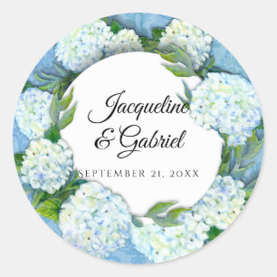 Sticker Rond Blue Floral Blanc Hydrangea Leaf Mariage damassé