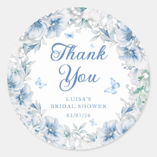 Sticker Rond Blue Floral Butterfly Bridal Shower Thank You