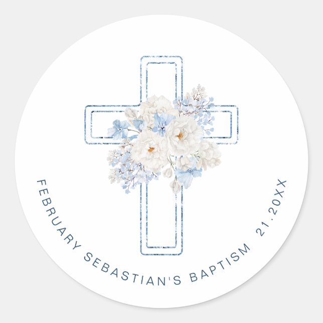 Sticker Rond Blue Floral Cross Baptism (Devant)