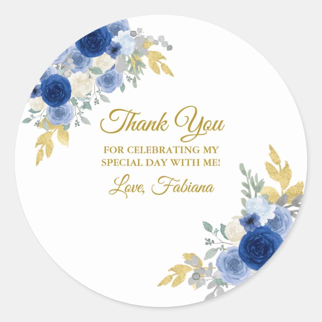 Sticker Rond Blue Floral & Gold (Devant)