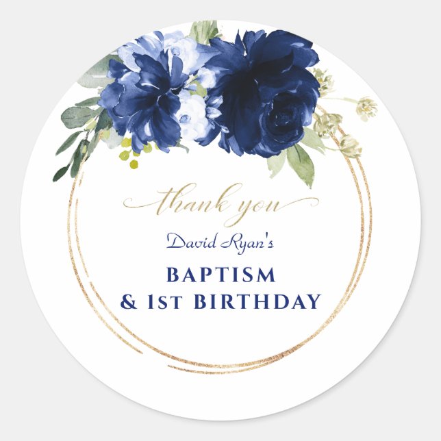 Sticker Rond Blue Floral Gold Boy 1er Anniversaire Baptême (Devant)