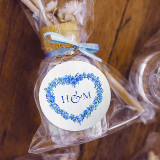 Sticker Rond Blue forget me nots inked art wedding monogram