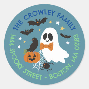 Sticker Rond Blue Ghost Raven Halloween Famille Adresse de reto