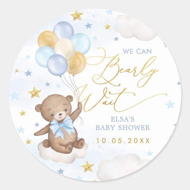 Sticker Rond Blue Gold Bear Ballons Nuages Stars Baby Boy (Devant)
