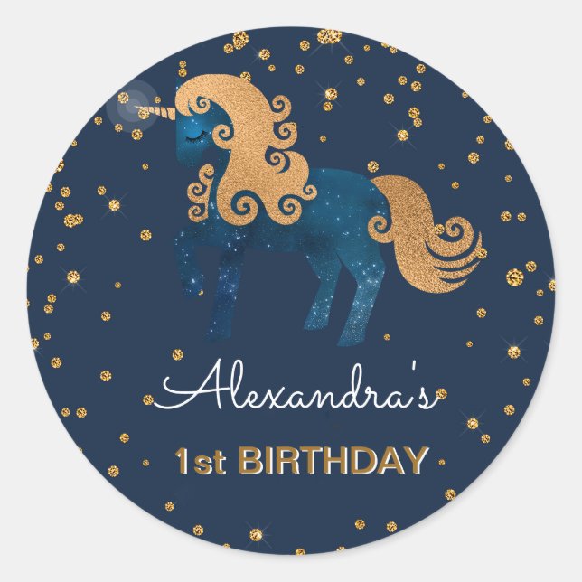 Sticker Rond Blue & Gold Sparkle Confetti Unicorn 1er anniversa (Devant)