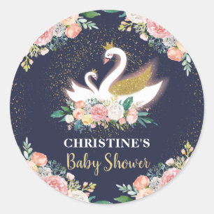 Sticker Rond Blue Gold Swan Princess Pink Floral Baby shower