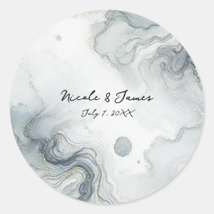 Sticker Rond Blue Grey & Gold Beach Watercolor Beach Mariage