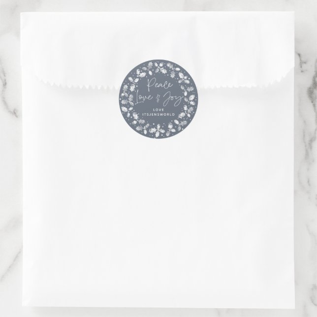 Sticker Rond Blue Grey Peace Love+Joy Holly Wreath (Sac)