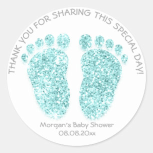 Sticker Rond Blue GreyGlitter Pieds Baby shower Favoriser Cadea