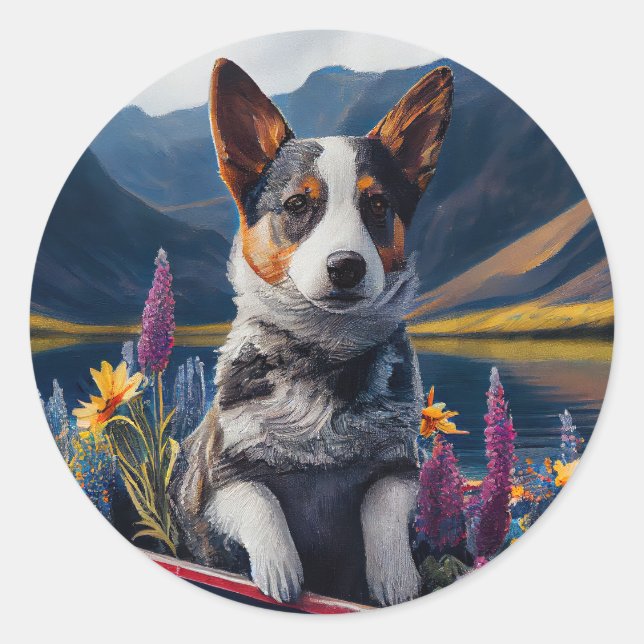 Sticker Rond Blue Heeler sur une pagaie : une aventure Pittores (Devant)
