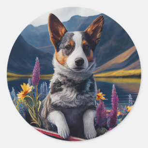 Sticker Rond Blue Heeler sur une pagaie : une aventure Pittores