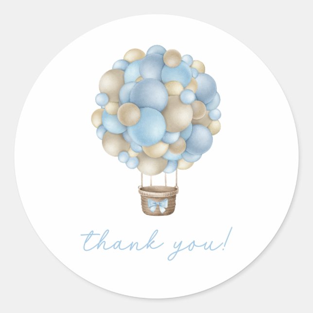 Sticker Rond Blue Hot Air Balloon Boy Baby shower (Devant)