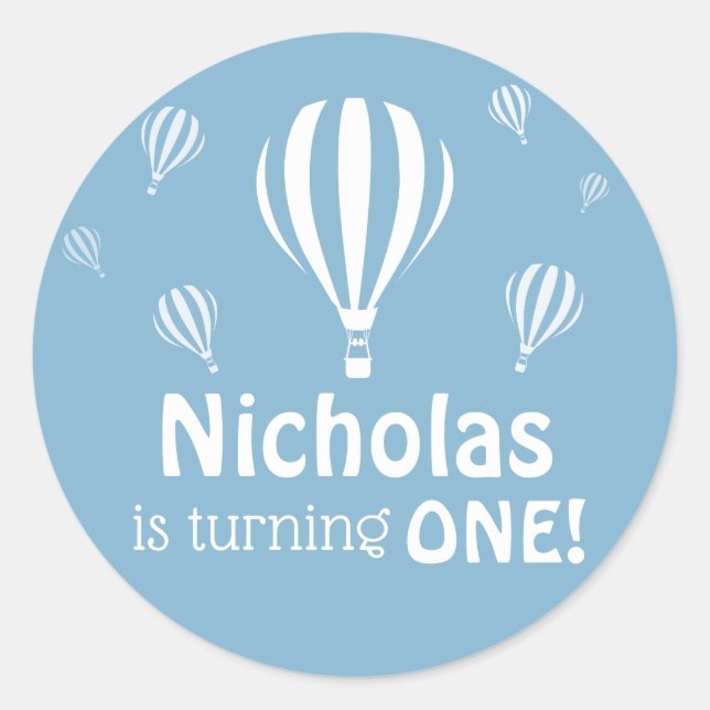 Sticker Rond Blue Hot Air Balloons Baby's First Birthday (Devant)