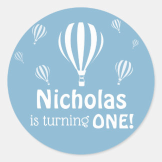Sticker Rond Blue Hot Air Balloons Baby's First Birthday