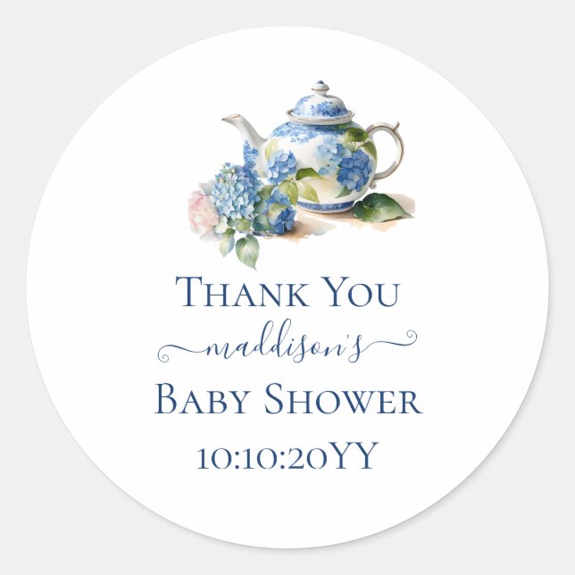 Sticker Rond Blue Hydrangea Baby shower Tea Party Merci (Devant)