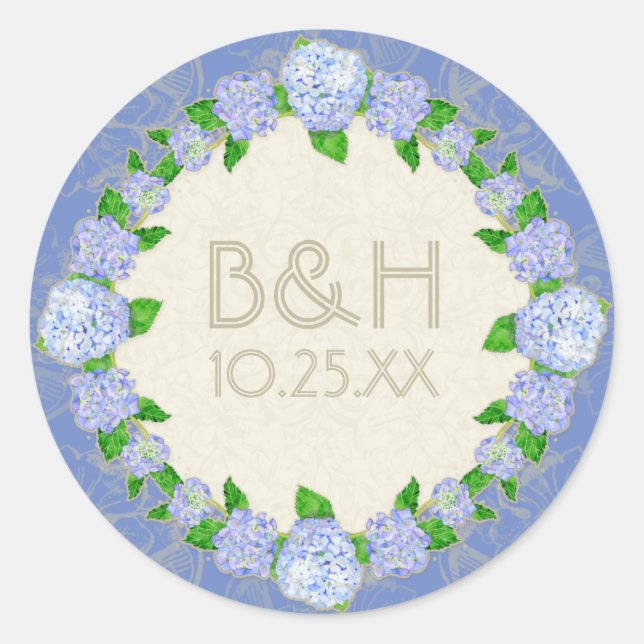 Sticker Rond Blue Hydrangea dentelle Floral Formal Élégant Mari (Devant)