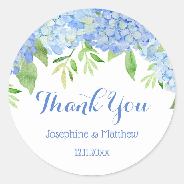Sticker Rond Blue Hydrangea Floral Greenery Merci Mariage (Devant)