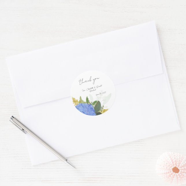 Sticker Rond Blue Hydrangea Moderne Mariage Floral Merci (Enveloppe)
