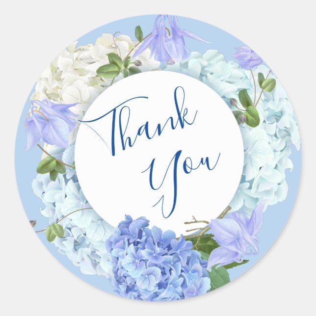 Sticker Rond Blue Hydrangea Rose verdure Merci Floral (Devant)