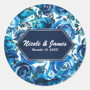 Sticker Rond Blue Indigo Floral Flowers Élégant Mariage chic