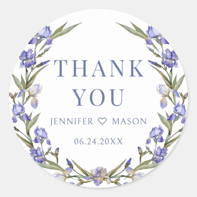 Sticker Rond Blue irises violet fleur boho mariage merci (Devant)