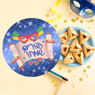 Sticker Rond Blue Megillah Hamantaschen Hébreu Happy Purim