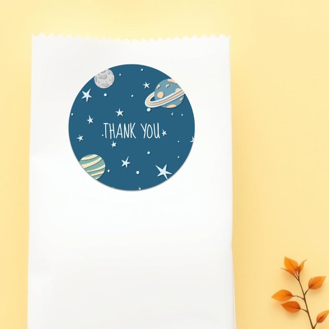 Sticker Rond Blue Modern Space Planètes étoiles Merci (Créateur téléchargé)